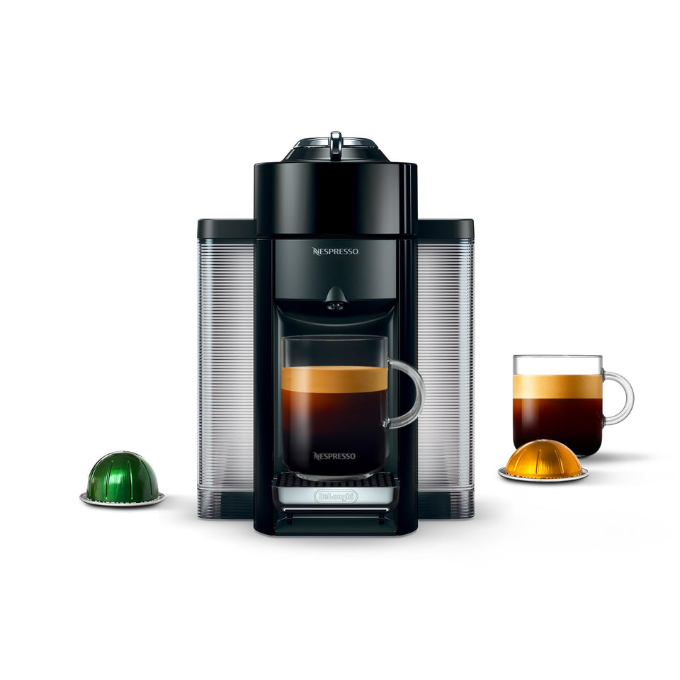 Nespresso Vertuo machine front view in piano black for a sleek kitchen aesthetic.