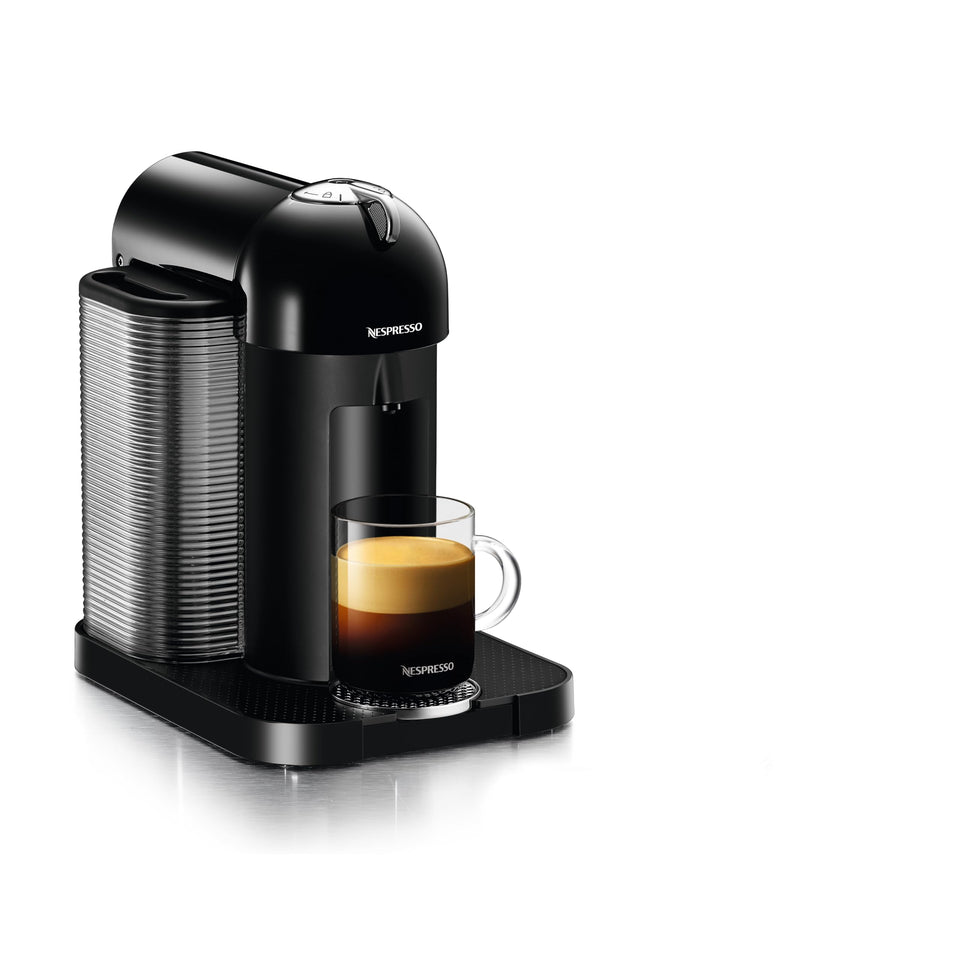 Nespresso Vertuo machine front view highlights a sleek black design for modern kitchens.