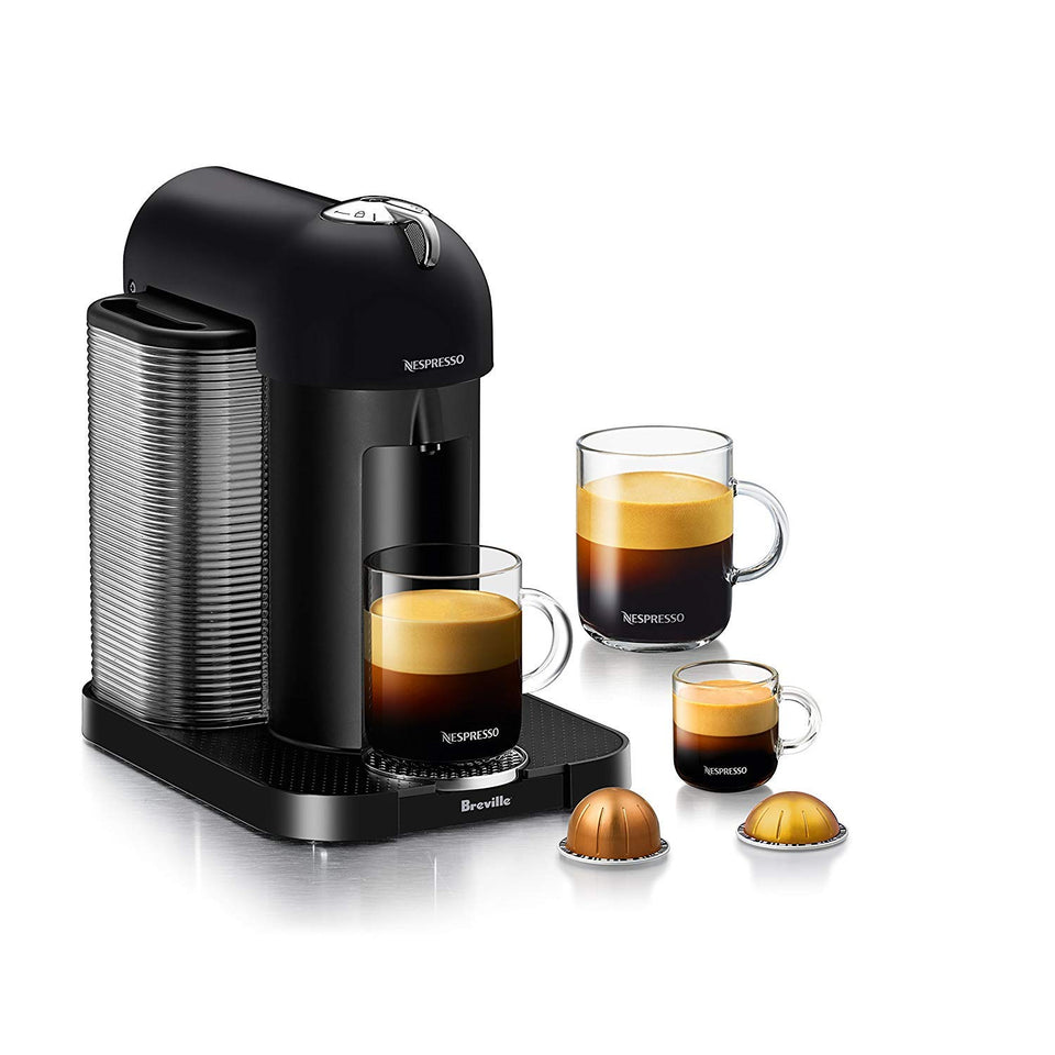 Nespresso Vertuo matte black front view for fast, single-serve drinks at home.