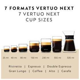 Nespresso Vertuo Next 14oz-18oz brew sizes suit larger gatherings and iced beverages.
