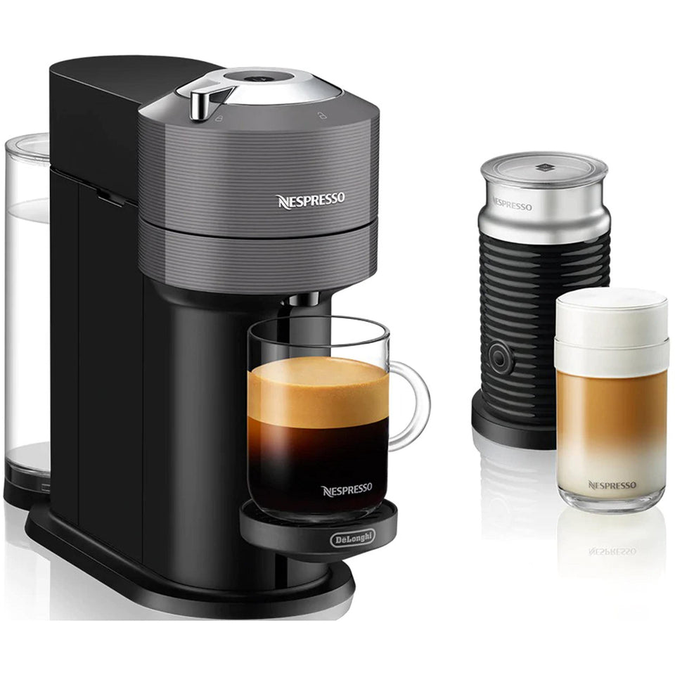 Nespresso Vertuo Next machine in dark grey with a compact home-brew design.