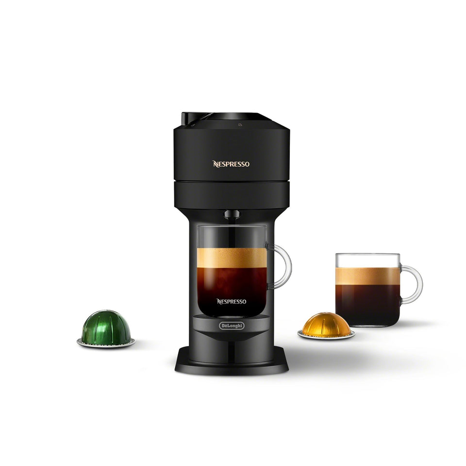Nespresso Vertuo Next front view in matte black, highlighting a compact footprint for small spaces.
