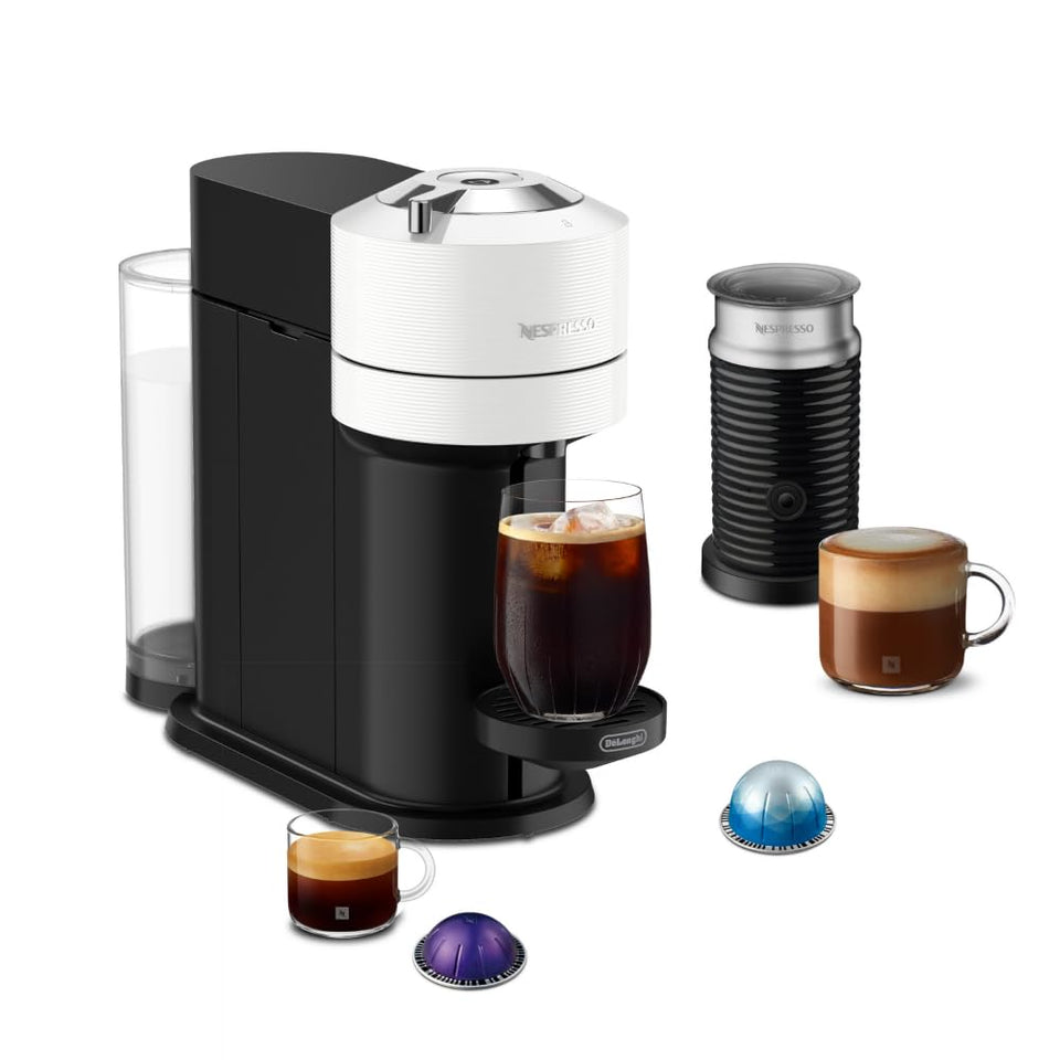 Nespresso Vertuo Next front-view in white, compact design for small kitchens.