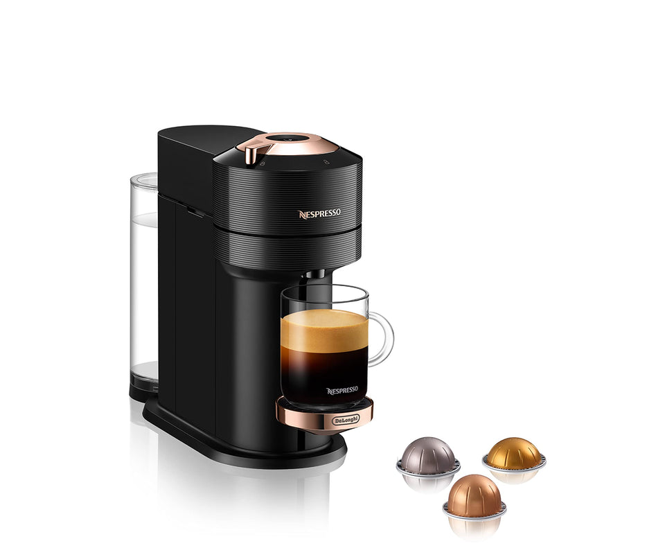Nespresso Vertuo Next front view with black body and rose gold trim.