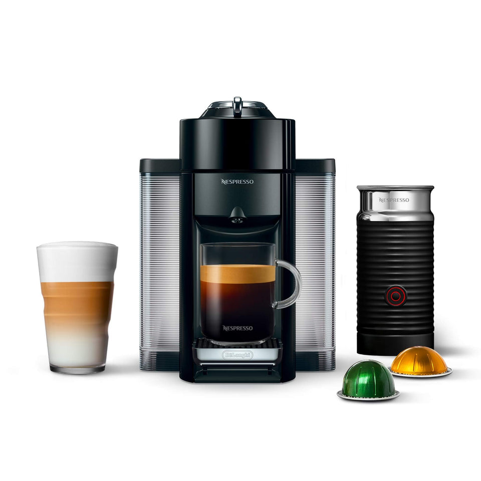 Nespresso Vertuo piano black front view for a sleek kitchen, easy single-serve convenience.