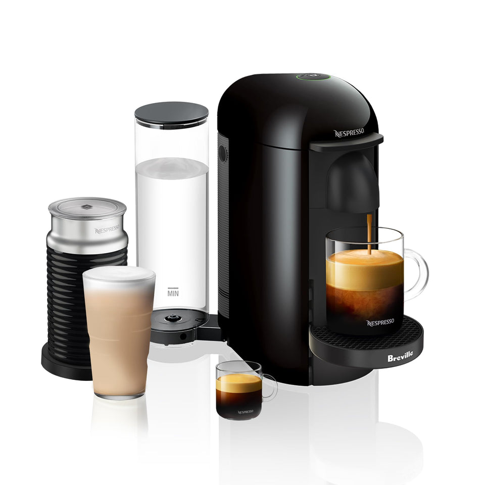 Nespresso VertuoPlus ink black front view showing quick one-touch brewing for busy mornings