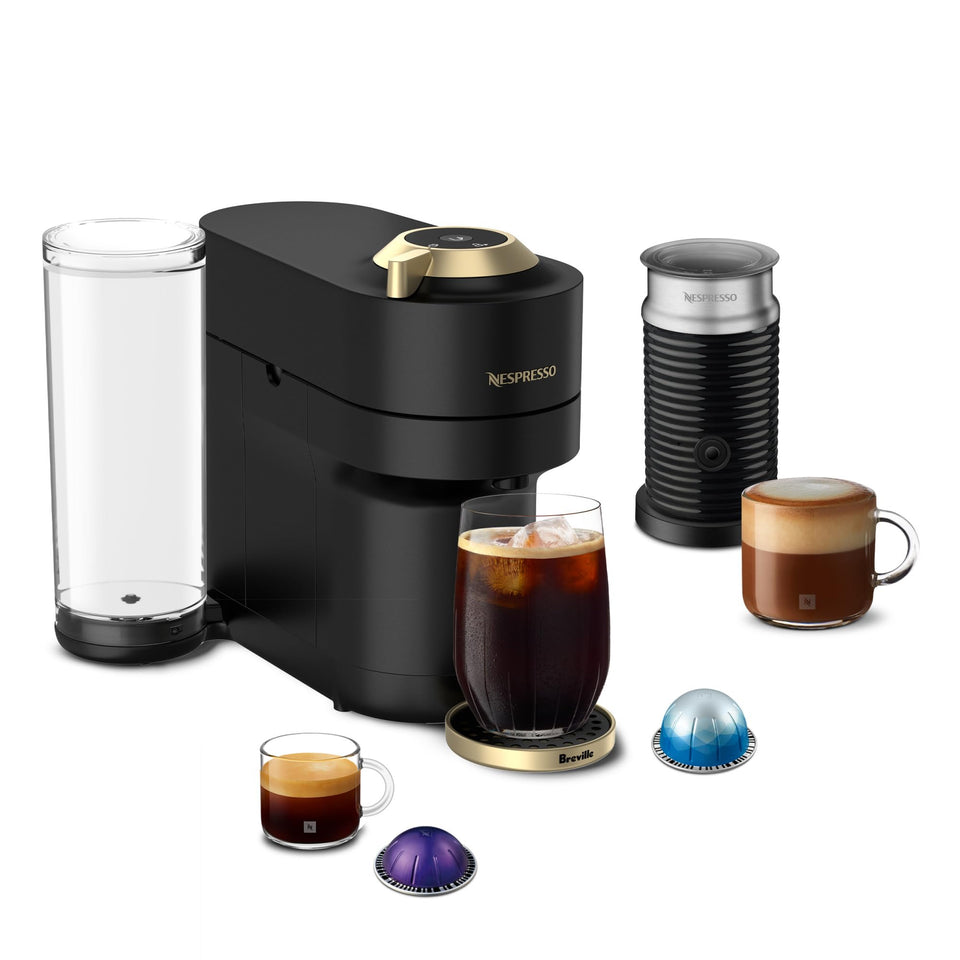 Nespresso Vertuo Pop+ Deluxe front view with stylish matte black and gold finish for quick coffee.