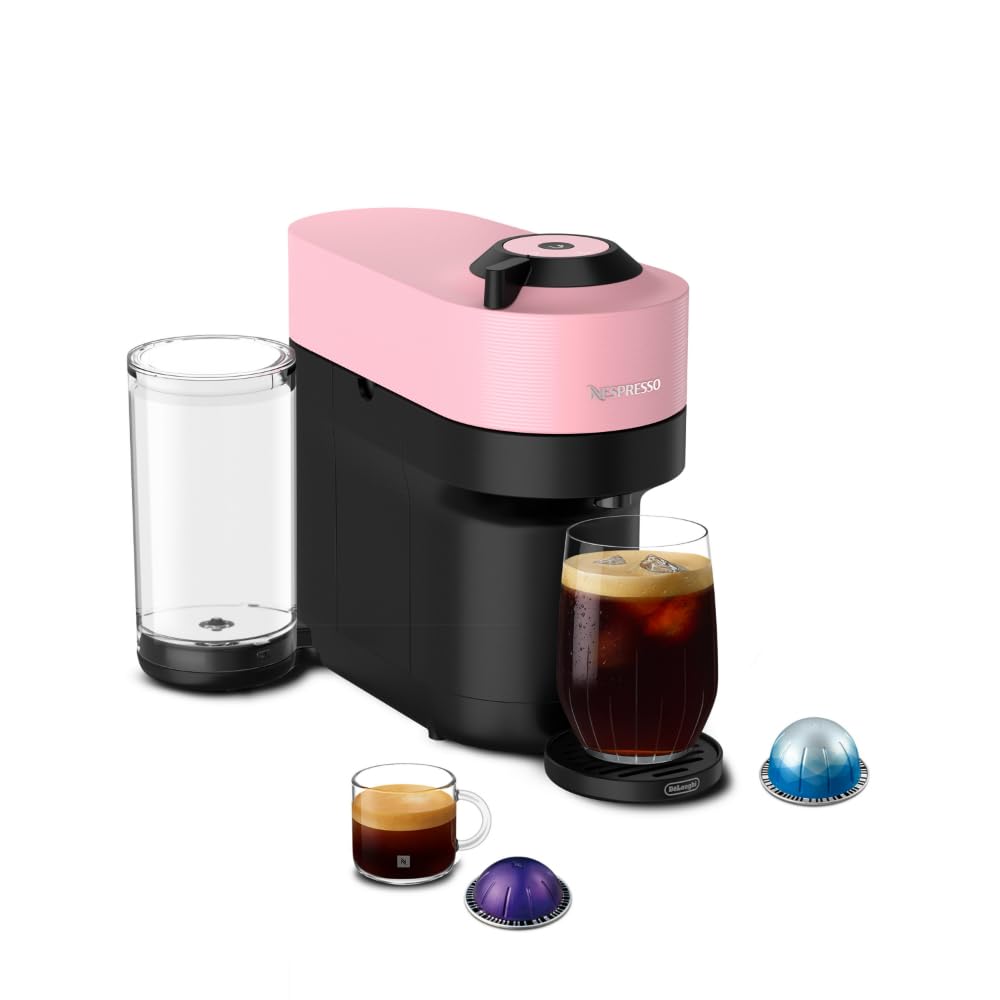 Nespresso Vertuo Pop+ candy pink front view, adds vibrant style and quick coffee at home