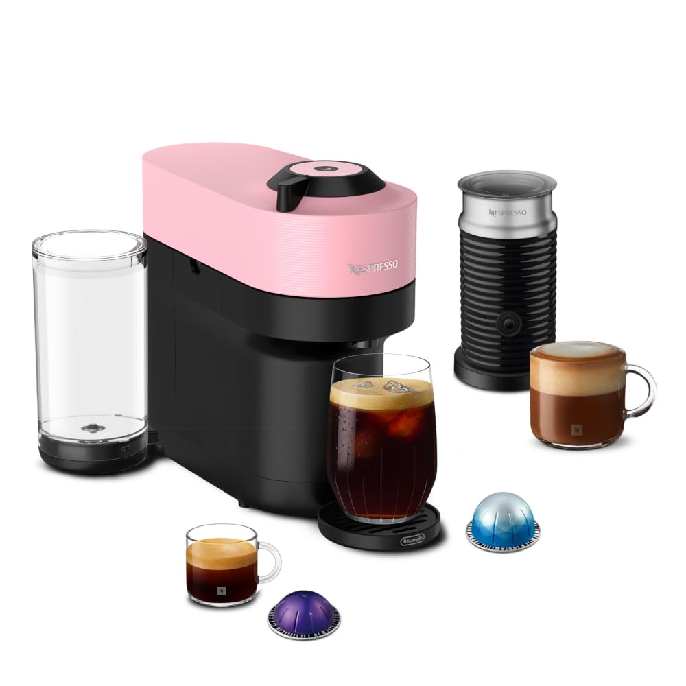 Nespresso Vertuo Pop+ Candy Pink front view for convenient home brewing.