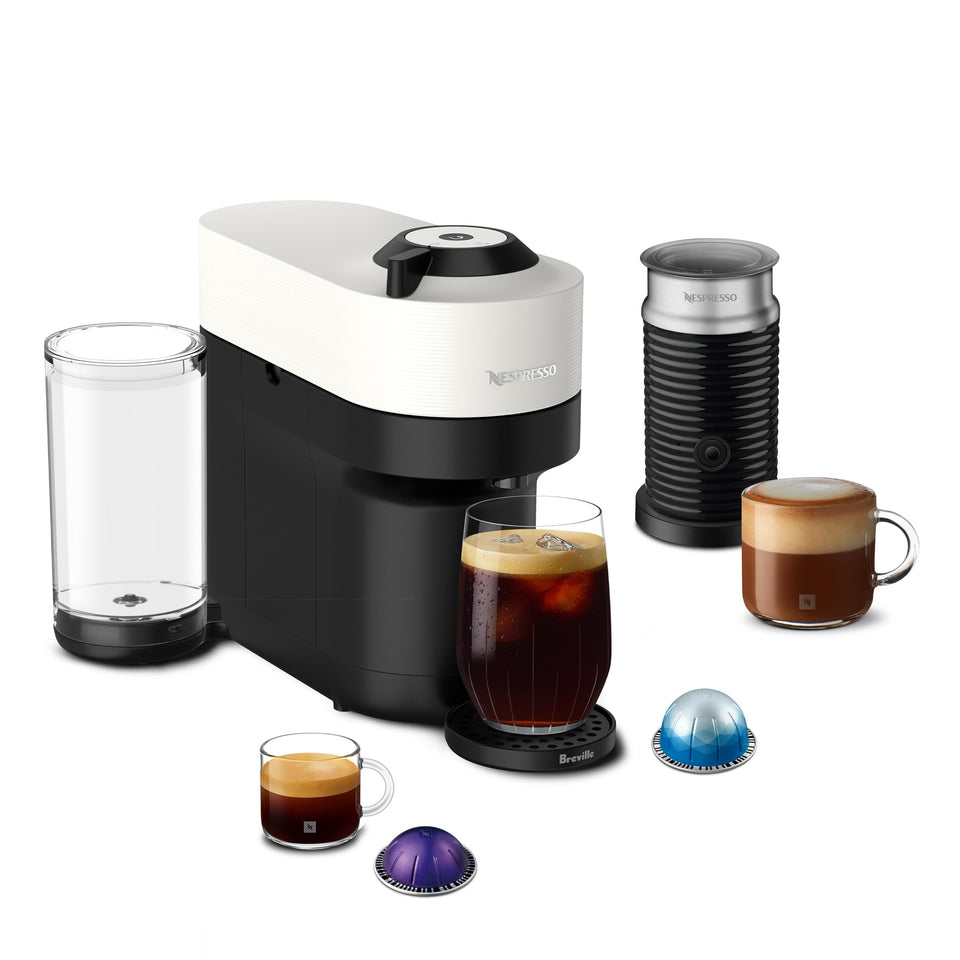 Nespresso Vertuo Pop+ in coconut white, front view, quick-brew convenience for busy mornings.