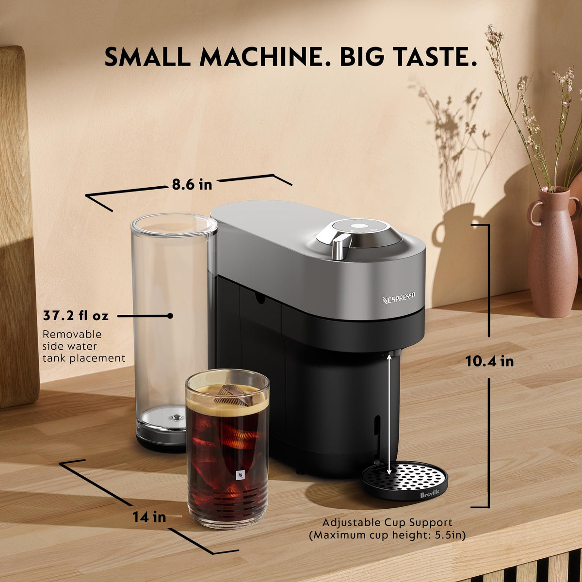 Compact design of the Nespresso Vertuo Pop+ Deluxe on a counter