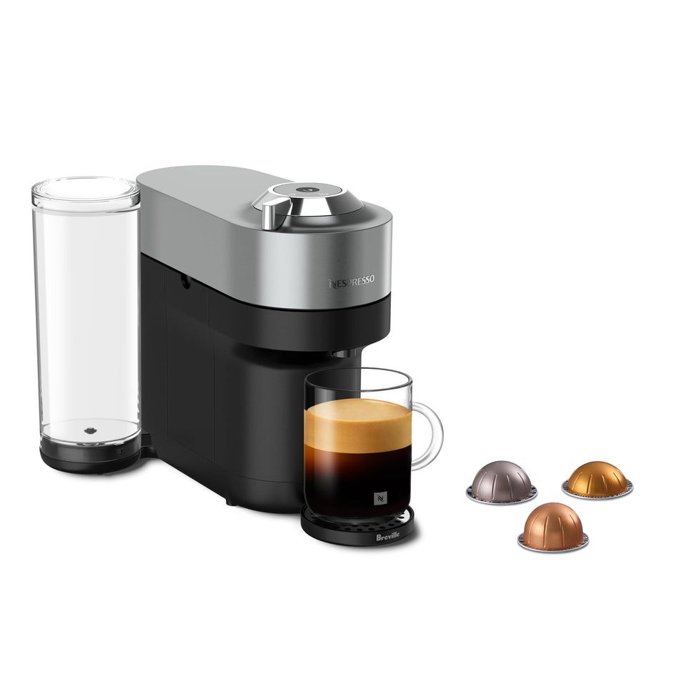Nespresso Vertuo Pop+ Deluxe Titan front view shows premium finish and compact footprint.