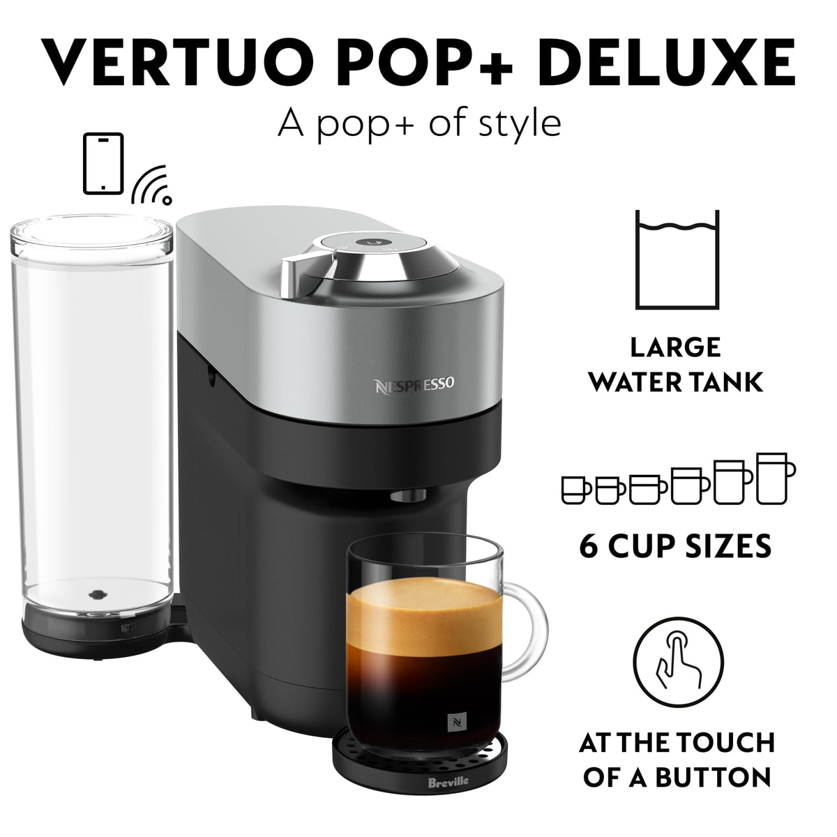 Nespresso Vertuo Pop+ Deluxe Titan side view highlights sleek design and easy tank access.