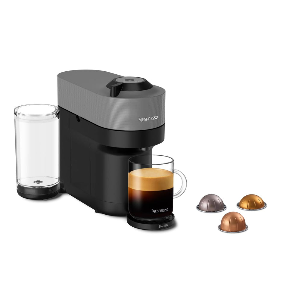 Nespresso Vertuo Pop+ front view in dark grey, compact design saves counter space.