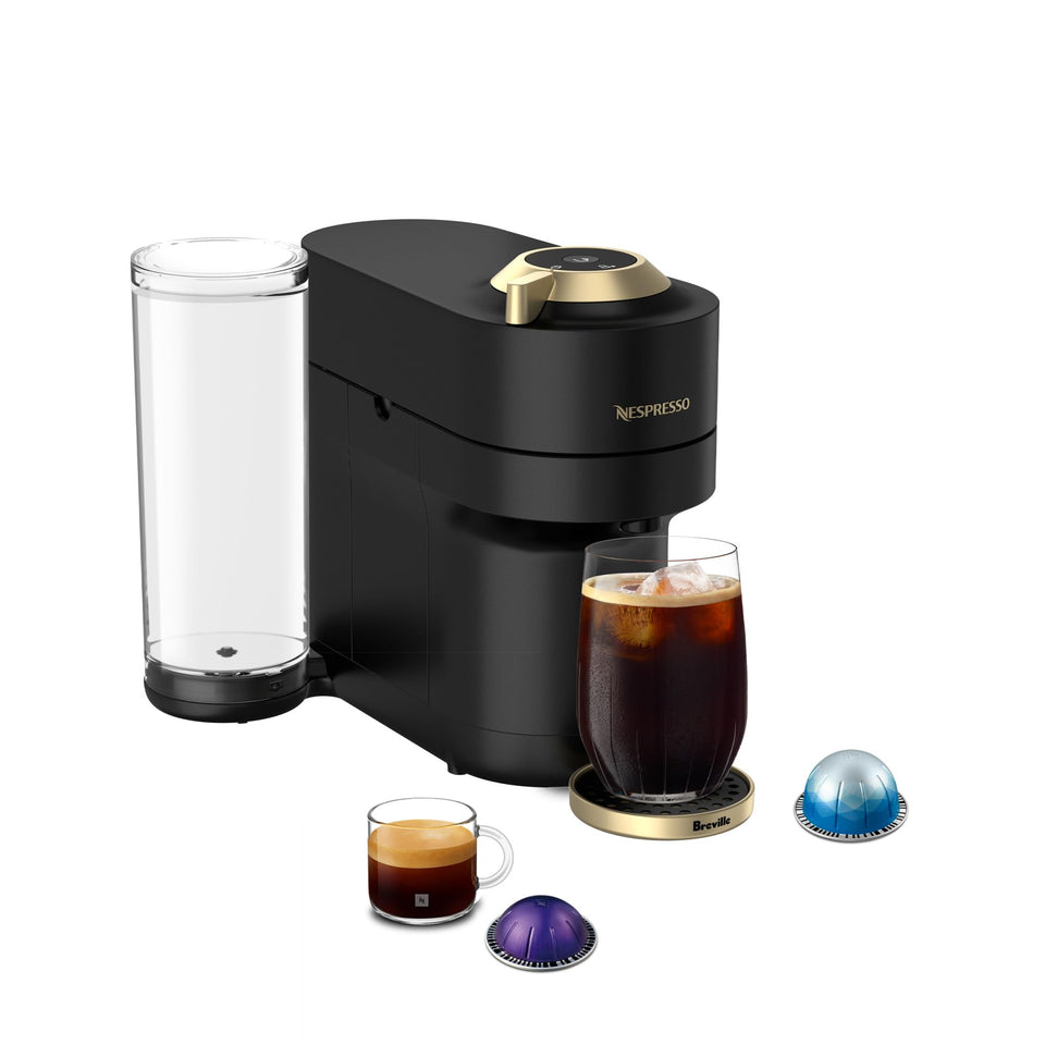 Nespresso Vertuo Pop+ front view shows the matte black gold finish and compact footprint