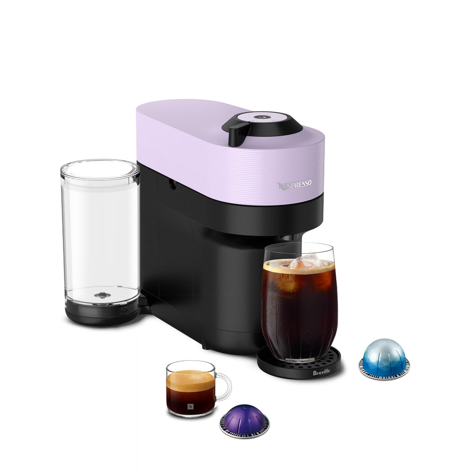 Nespresso Vertuo Pop+ Lilac front view shows vibrant color and compact footprint for small spaces.