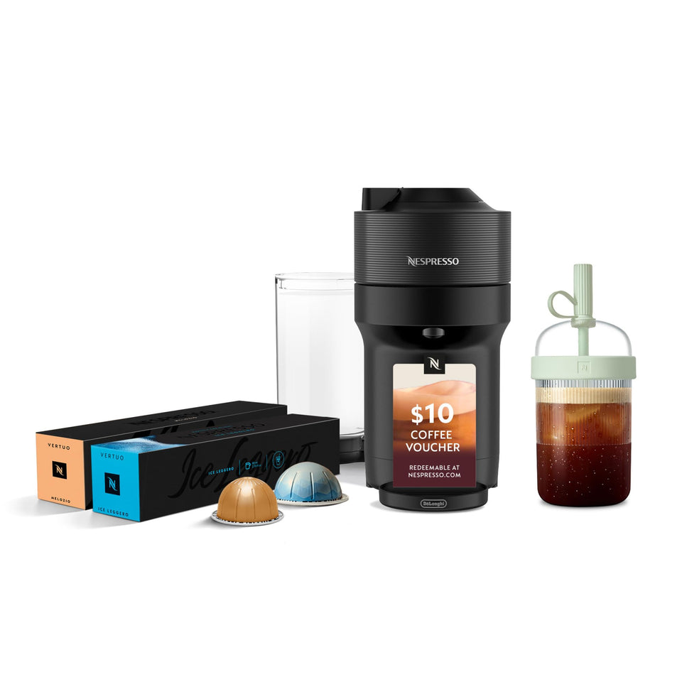 Nespresso Vertuo Pop+ Liquorice Black front view, stylish and space-saving for small kitchens.