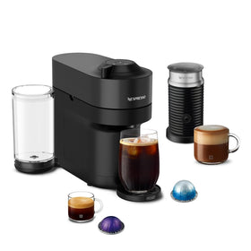 Nespresso Vertuo POP+ Liquorice Black, front view with bold kitchen styling