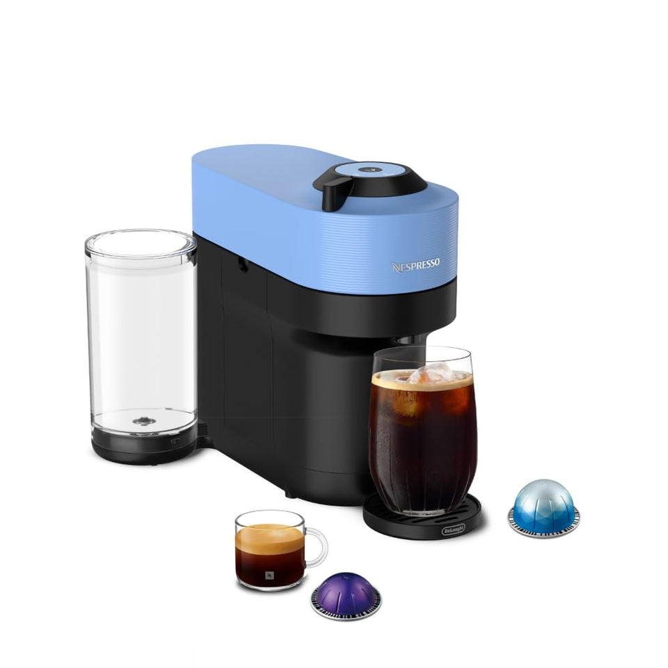 Nespresso Vertuo POP+ Pacific Blue front view shows vibrant color and compact footprint.