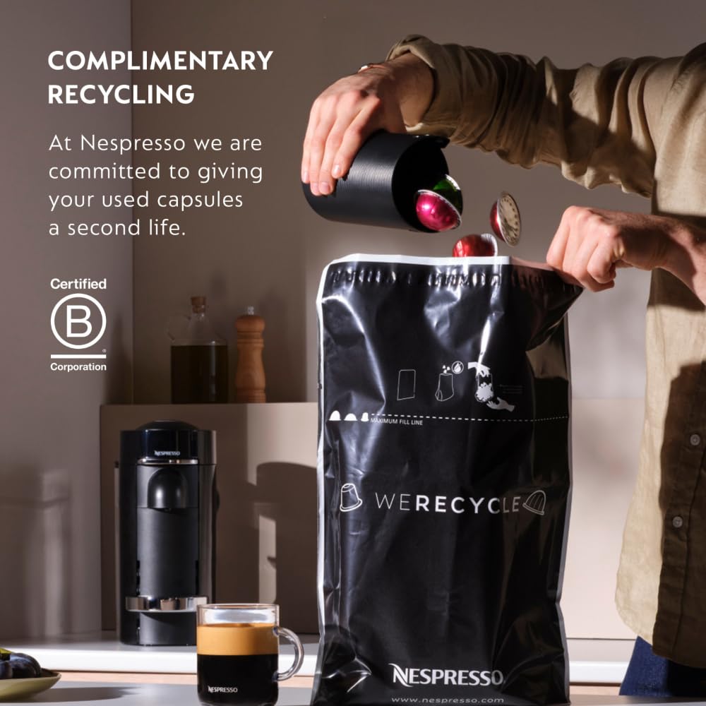 Nespresso Vertuo Pop+ recyclable aluminum capsules program for sustainability.