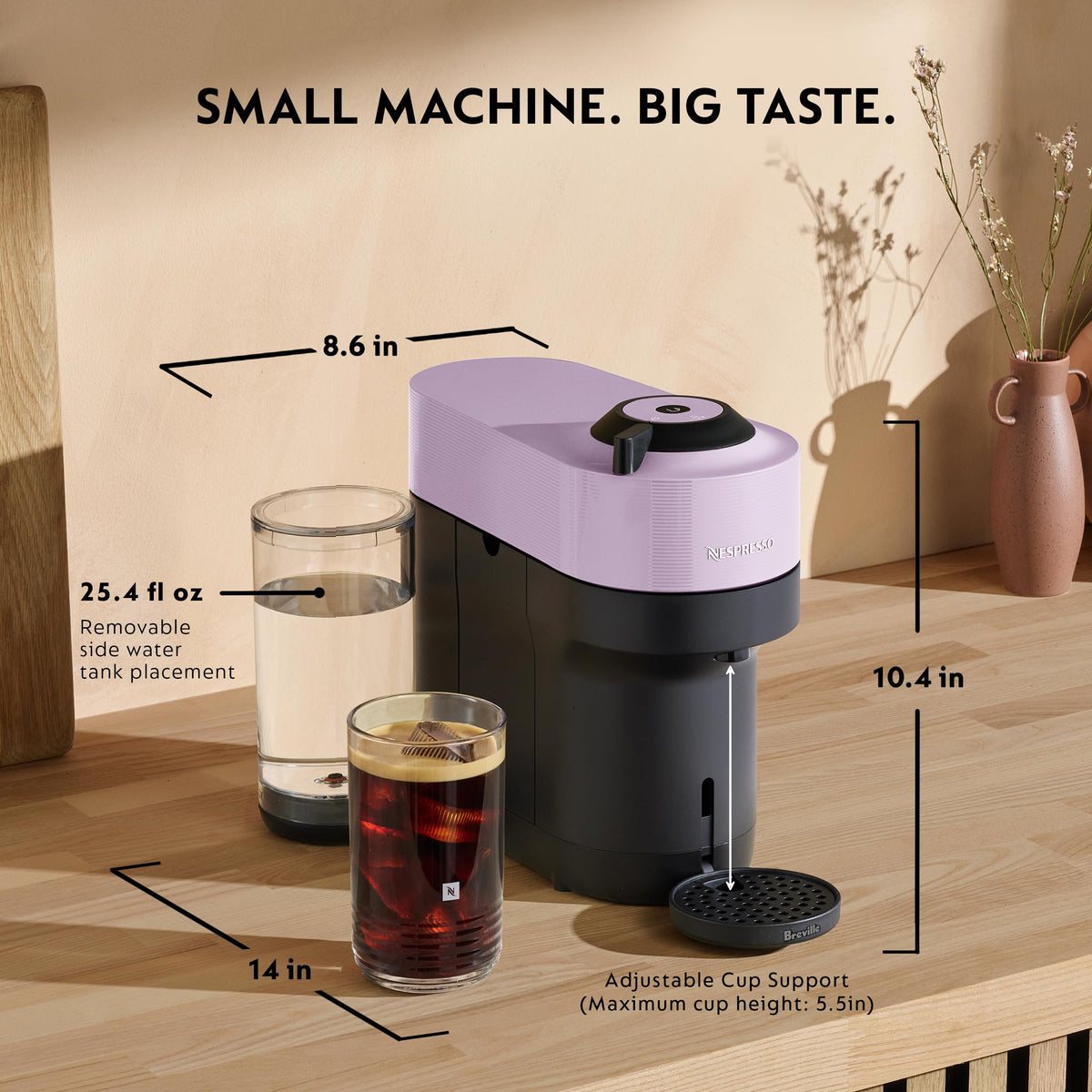Nespresso Vertuo Pop+ recyclable aluminum capsules and recycled plastic parts.