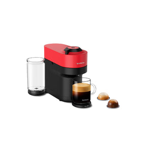 Nespresso Vertuo Pop+ front view in spicy red showing bold style and compact footprint.