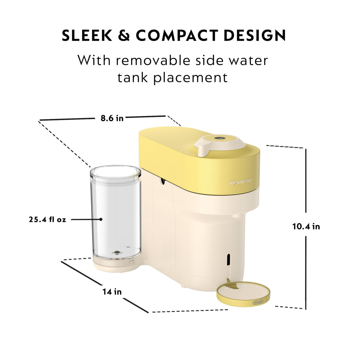Nespresso Vertuo Pop+ yellow compact kitchen design fits countertops neatly