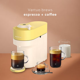 Nespresso Vertuo Pop+ yellow crema espresso shot highlights rich crema and aroma