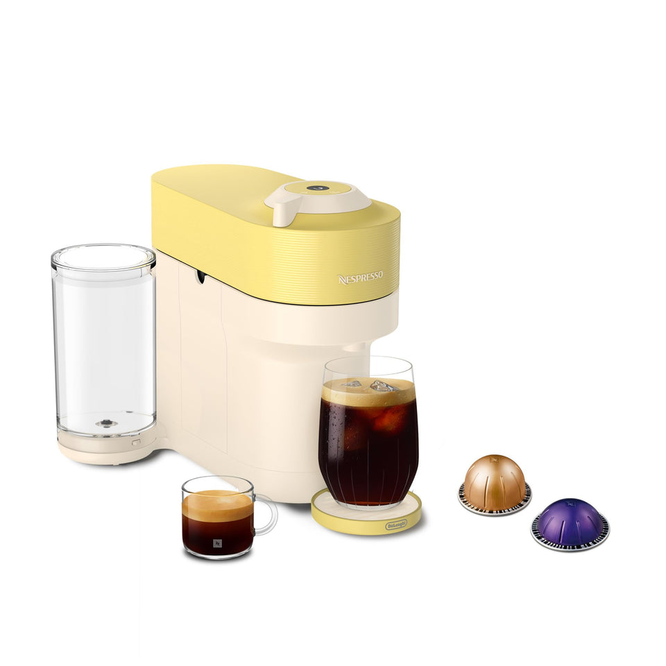 Nespresso Vertuo Pop+ yellow front view showing compact design for small kitchens
