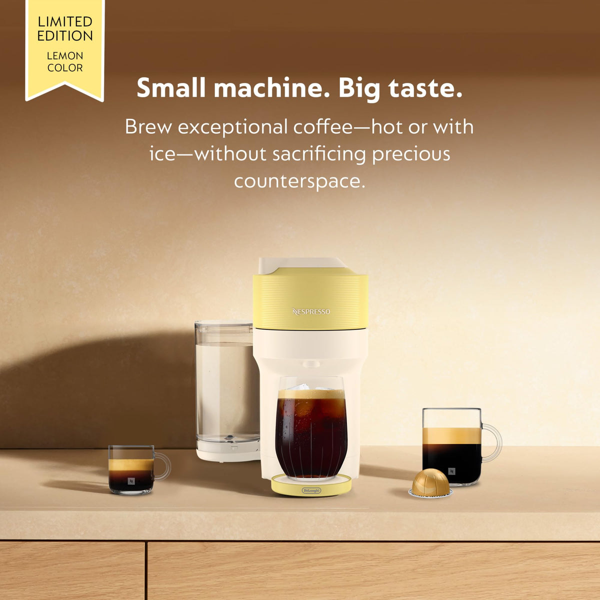 Nespresso Vertuo Pop+ yellow pod insertion demonstrates effortless single-button operation