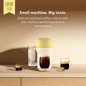Nespresso Vertuo Pop+ yellow pod insertion demonstrates effortless single-button operation