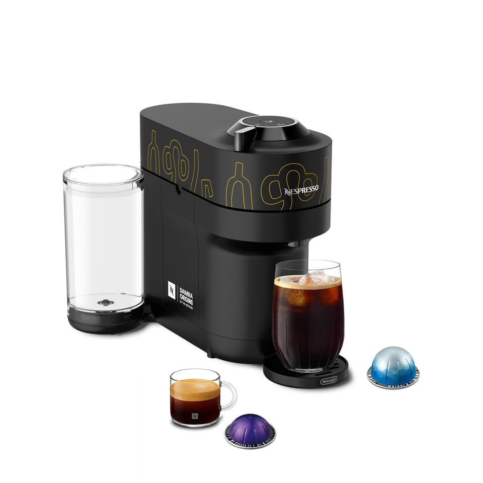 Nespresso Vertuo Pop+ Samra Origins yellow front view shows compact design for small spaces.