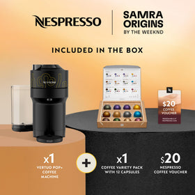Nespresso Vertuo Pop+ Samra Origins yellow shot view demonstrates quick espresso options.