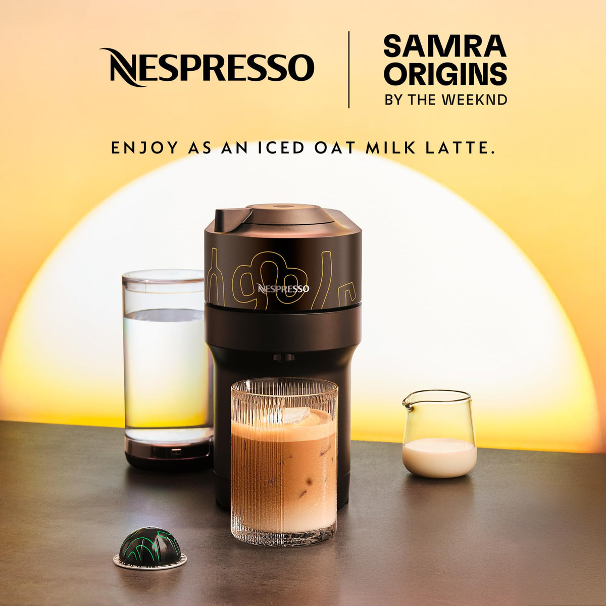 Nespresso Vertuo Pop+ Samra Origins yellow side panel highlights easy water tank access.