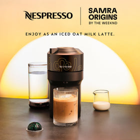 Nespresso Vertuo Pop+ Samra Origins yellow side panel highlights easy water tank access.