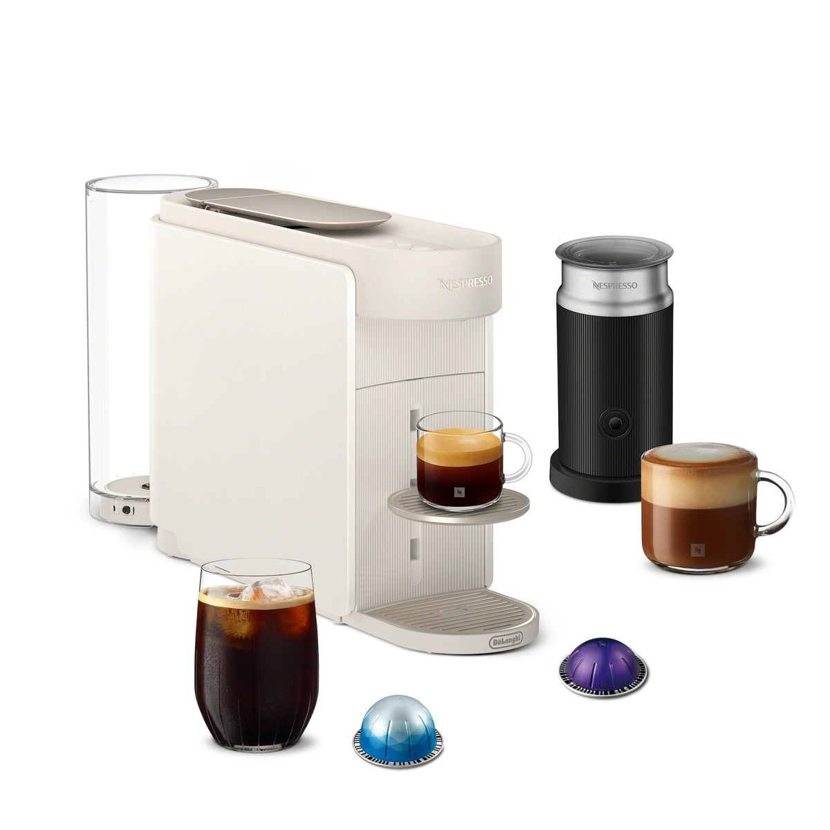 Nespresso Vertuo Up front view with space-saving white design.
