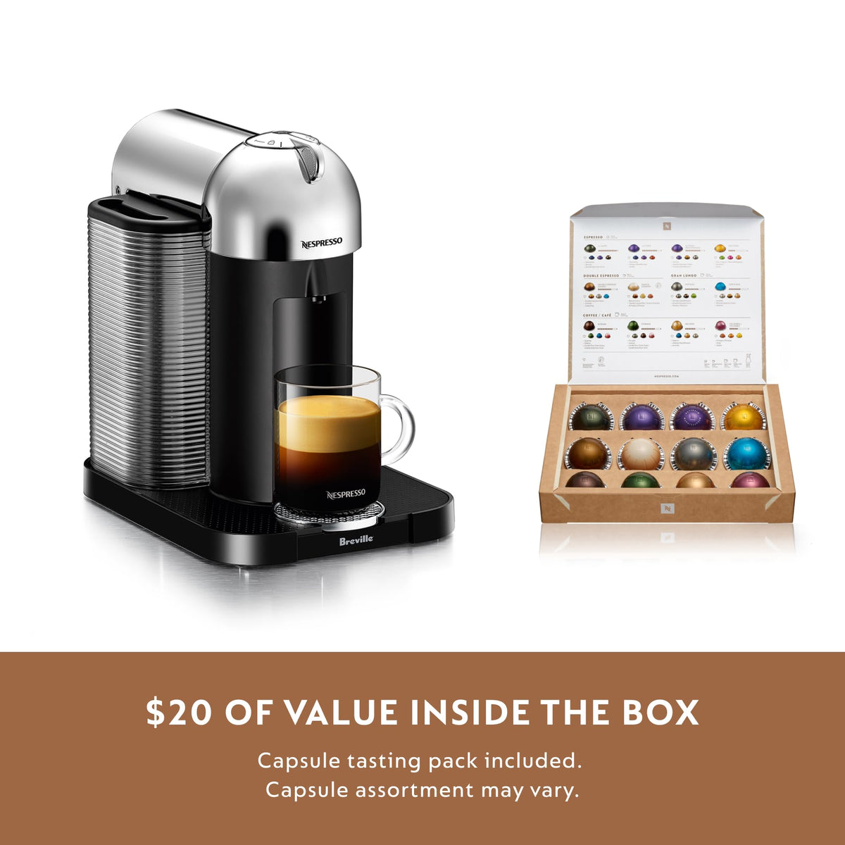Nespresso Vertuo welcome capsule set included with the machine.