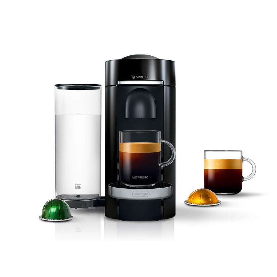 Nespresso VertuoPlus Deluxe front view; compact black design for modern kitchens.