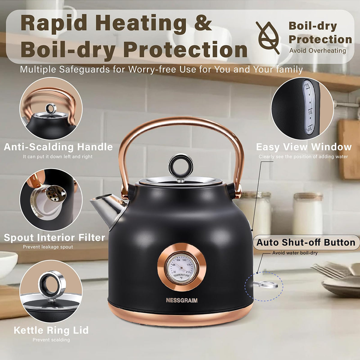 NESSGRAIM LED indicator shows when the kettle is on for easy safety.
