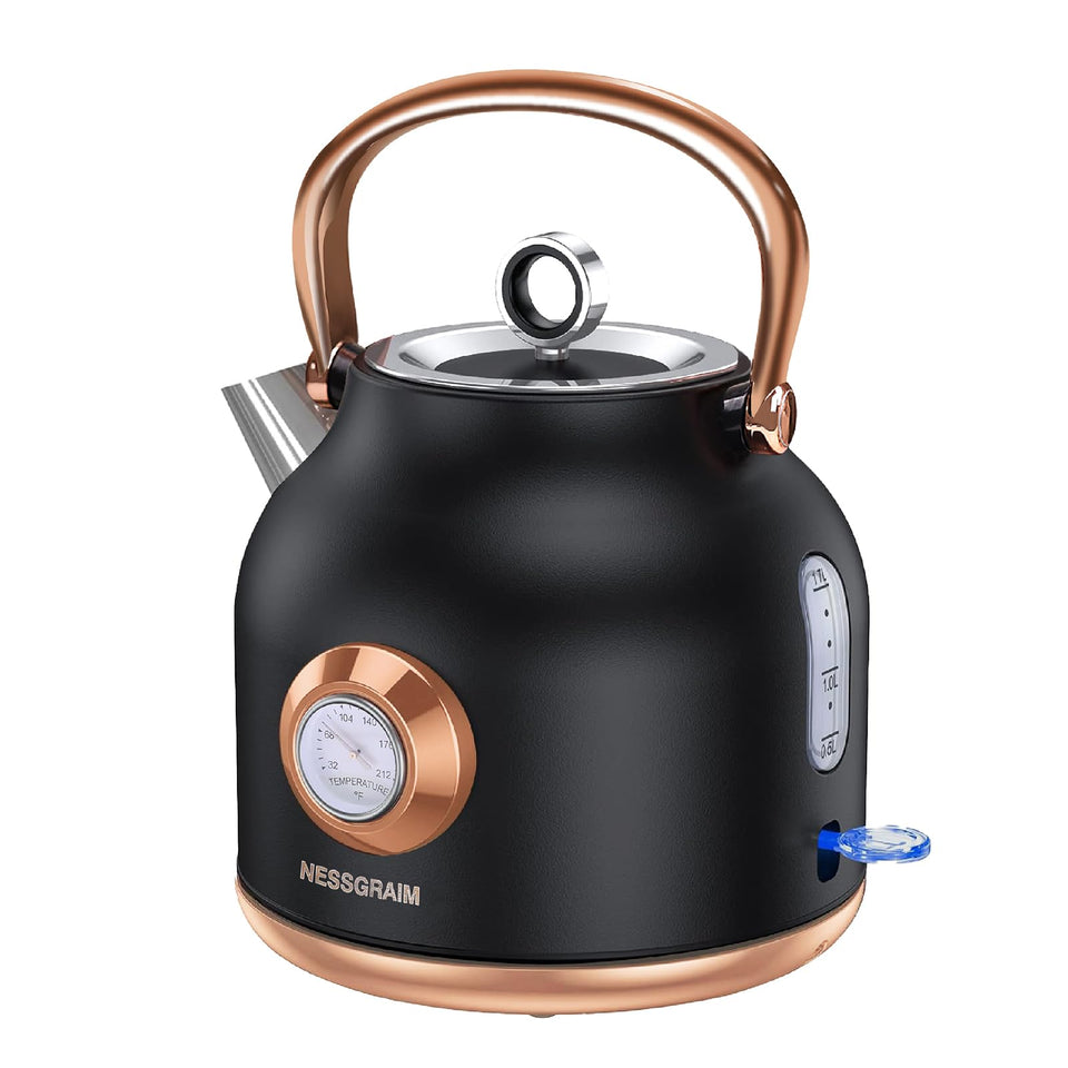 NESSGRAIM retro electric kettle appearance highlights stainless steel and vintage charm.