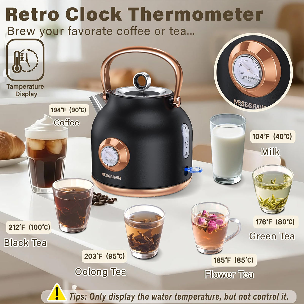 NESSGRAIM retro kettle 1-7L capacity enables multiple cups without refilling.