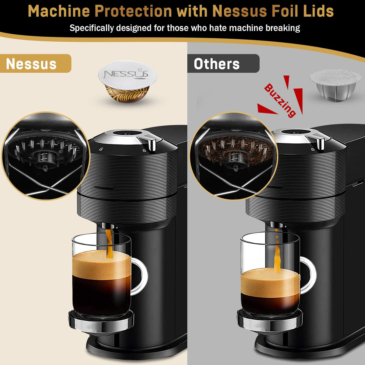 NESSUS food-grade aluminum lids for Vertuo, BPA-free and recyclable.