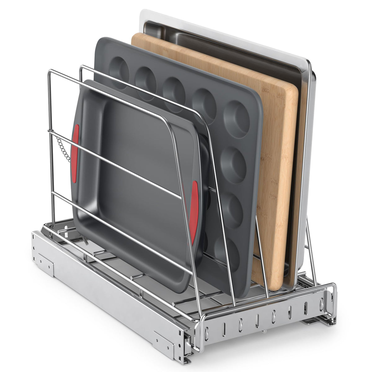 NestSprout pull-out cabinet organizer keeps bakeware accessible
