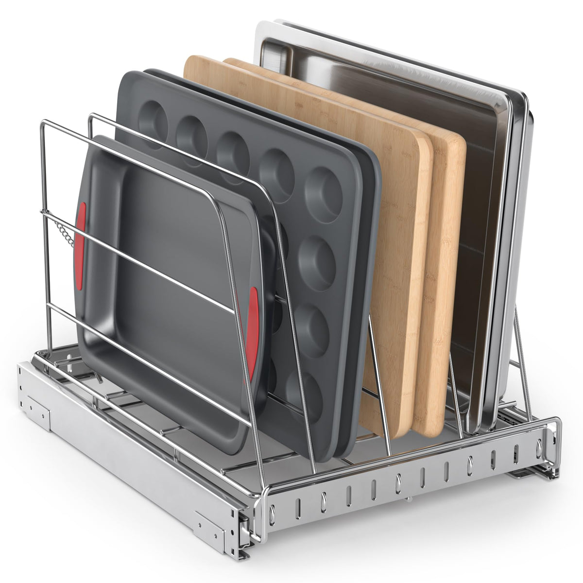 NestSprout pull-out cabinet organizer enables easy access to bakeware and trays.