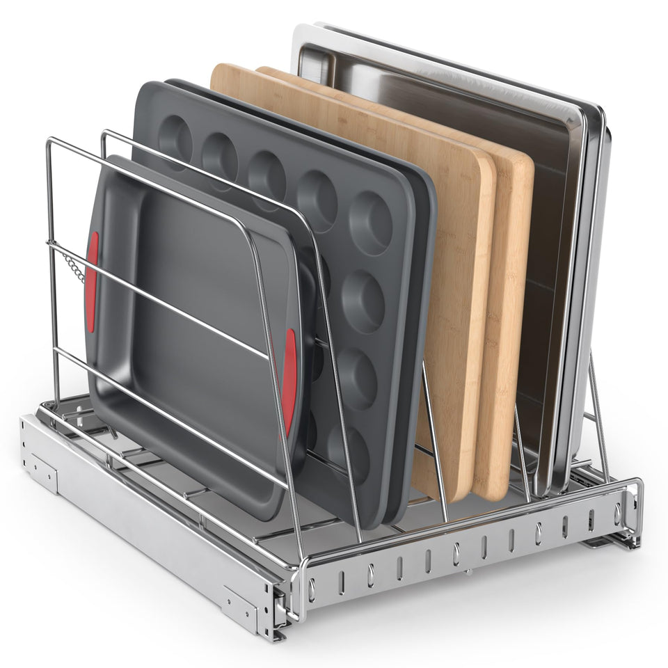 NestSprout pull-out cabinet organizer enables easy access to bakeware and trays.