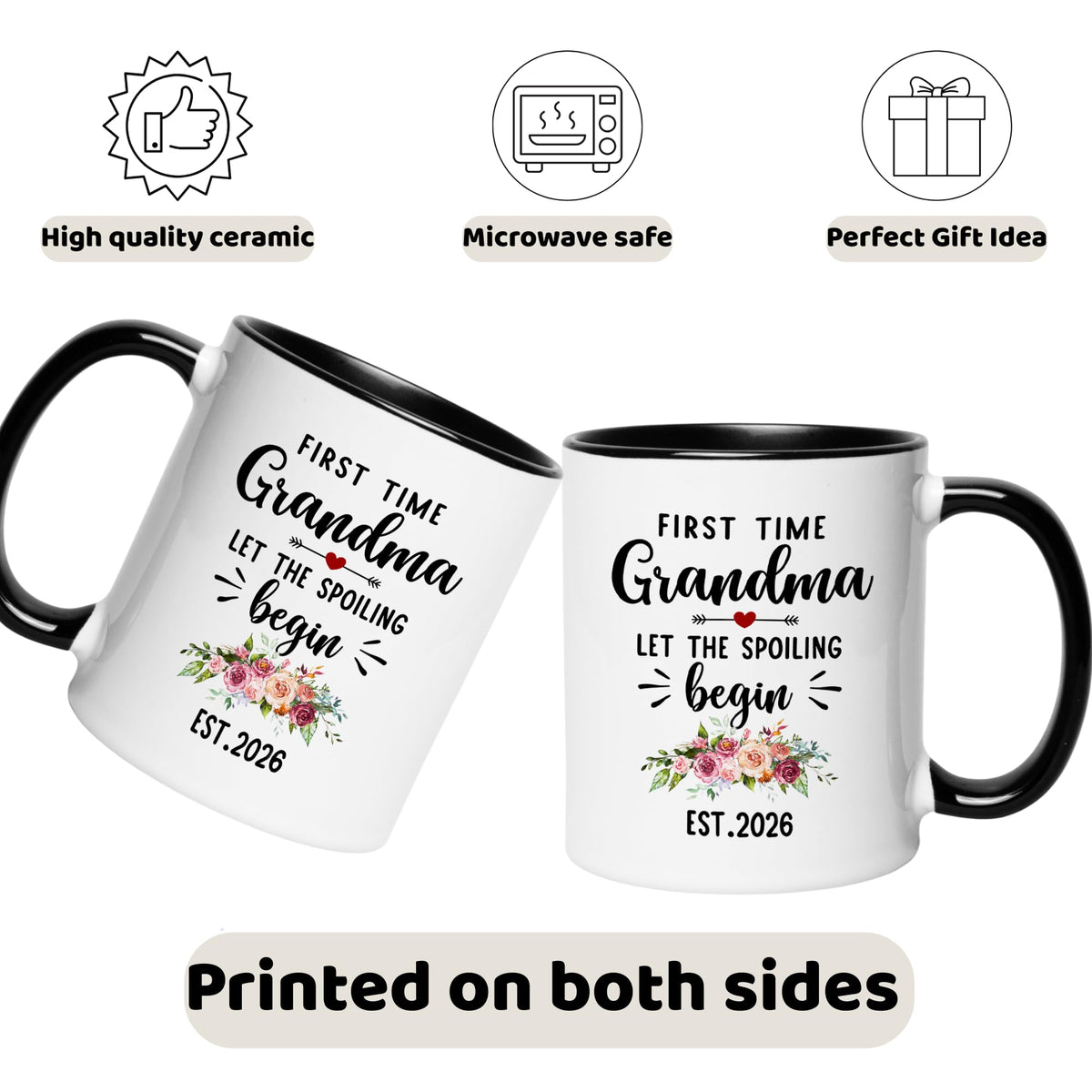 Nestura first-time grandma mug back view, double-sided print for any angle