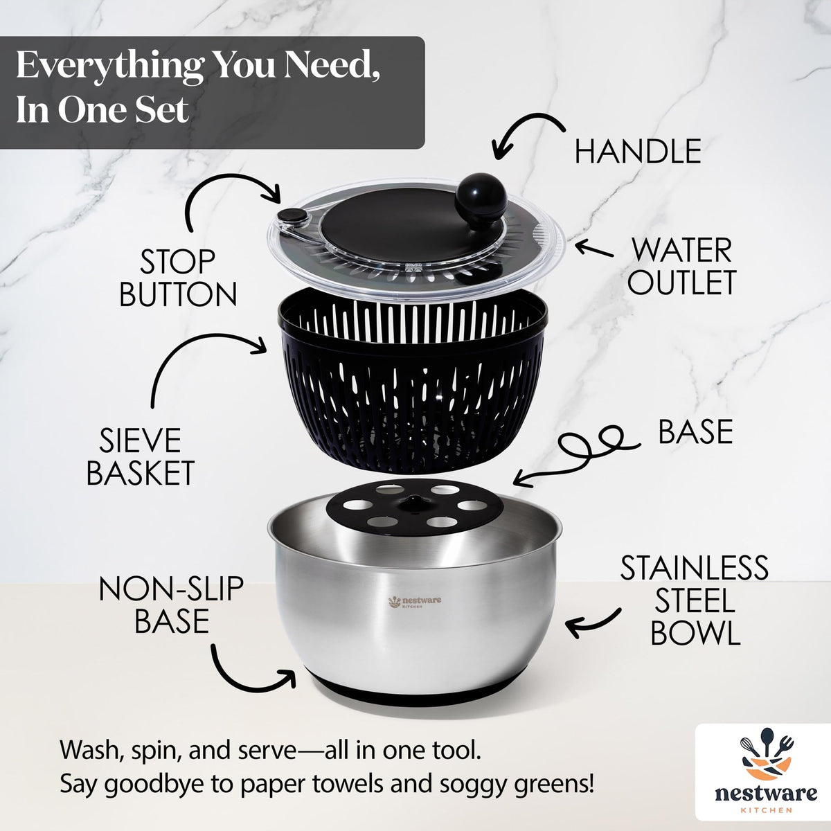 Nestware Kitchen salad spinner inner basket doubles as a convenient strainer