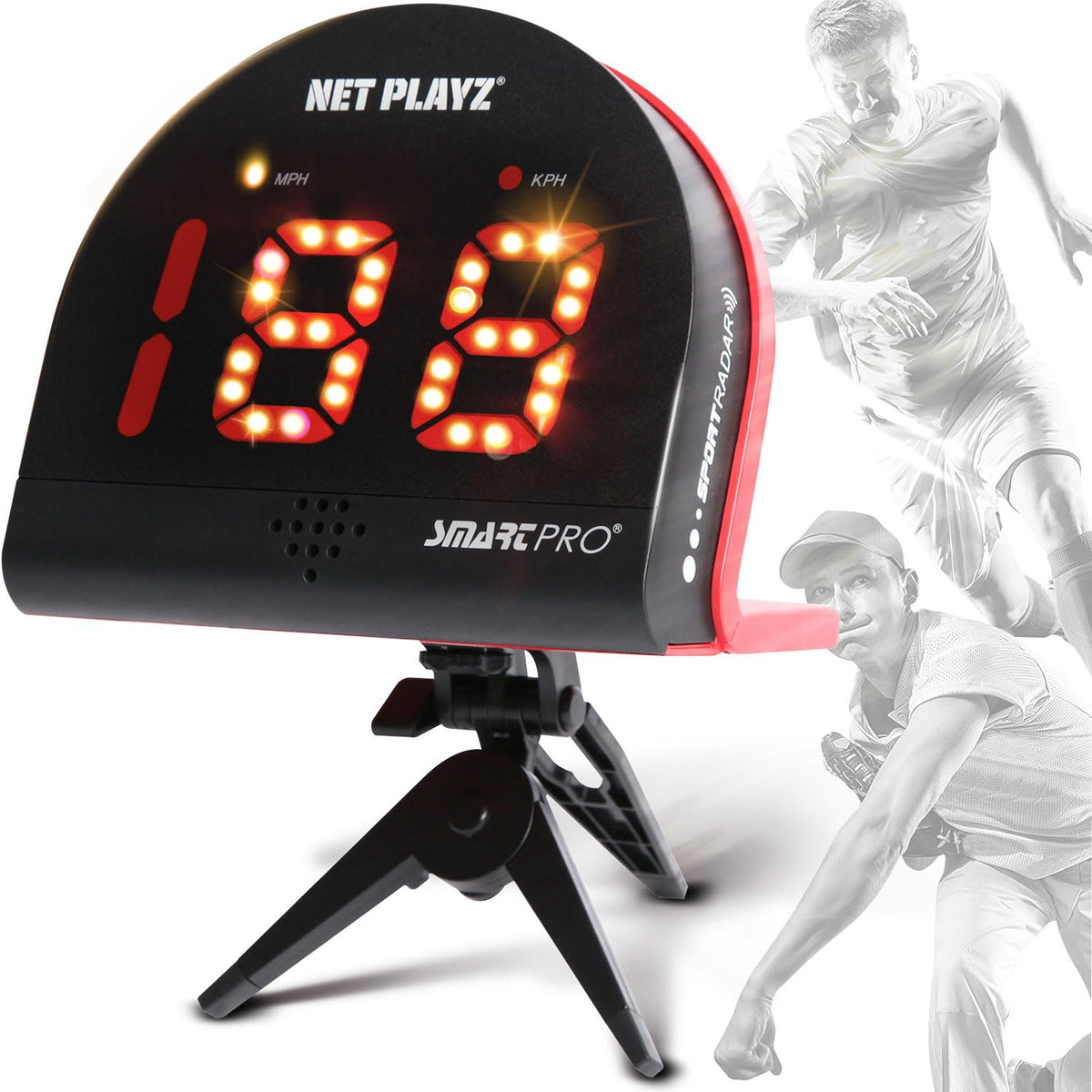 NET PLAYZ Speed Radar on a tripod enabling hands-free practice.