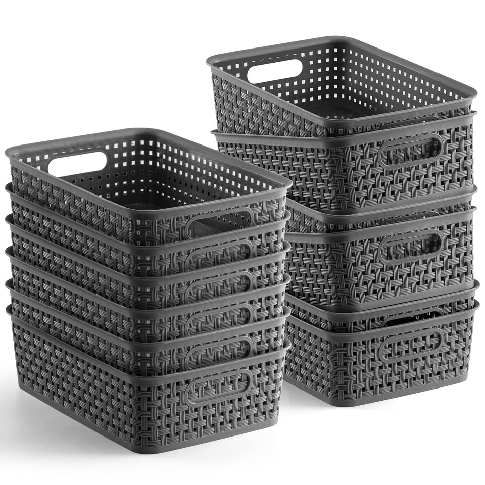 NETANY 12-pack plastic storage baskets viewed from above for pantry organization and ventilation