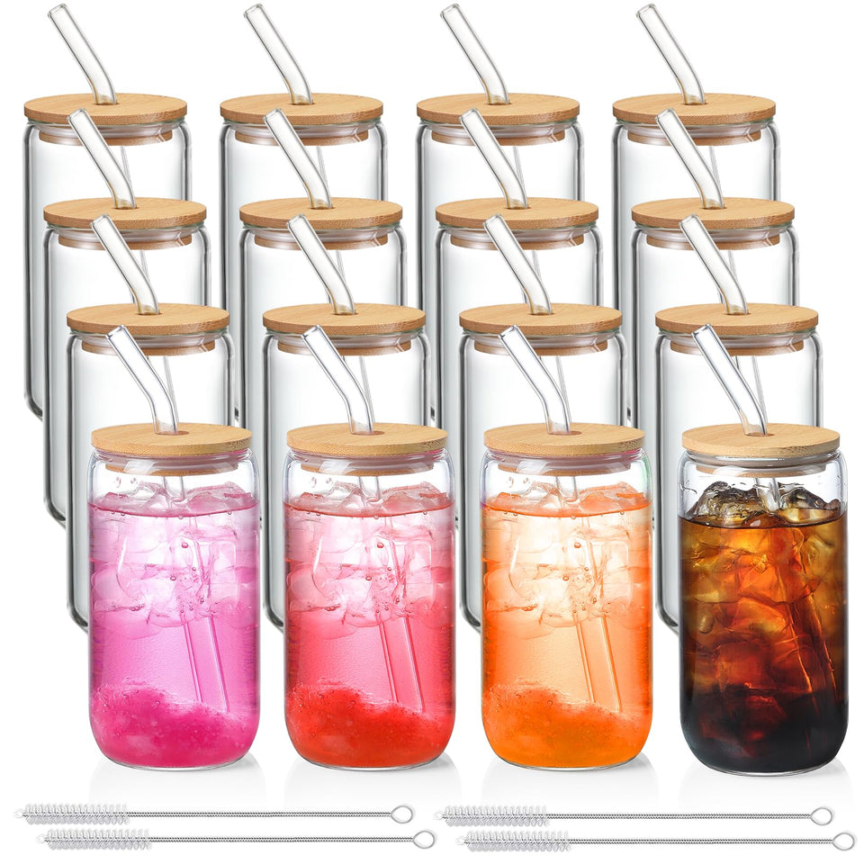 NETANY 16 oz glass cups with lids and straws for versatile daily drinks.